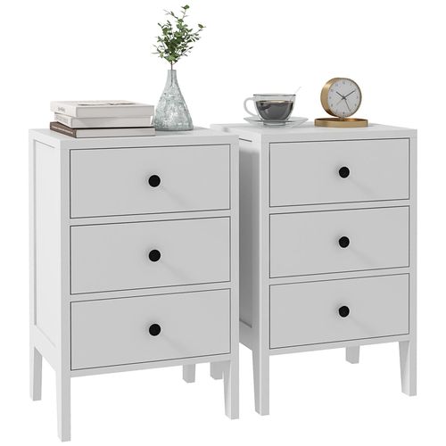 Lot De 2 Tables De Chevet Style Néo-Rétro - 3 Tiroirs Coulissants, Poignées Boutons Métal Noir - Blanc