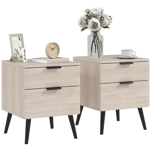 Lot De 2 Chevets Tables De Nuit Style Nordique - 2 Tiroirs - Piètement Effilé Bois Noir Aspect Chêne Clair
