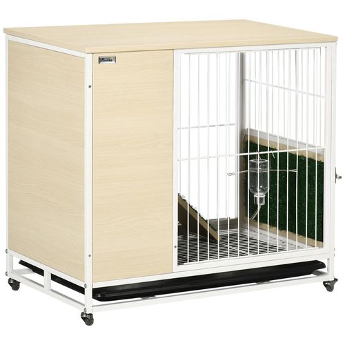 Clapier À Lapin Sur Roulettes Cage À Lapin 2 Niveaux Toit Ouvrant Porte Plateau Déjection Coulissant Rampe Niche Acier Blanc Aspect Bois Clair