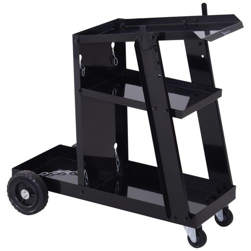 Chariot de soudage à 3 niveaux mobile 4 roues - poste à souder - support pour bouteille avec chaînes de soutien - acier noir