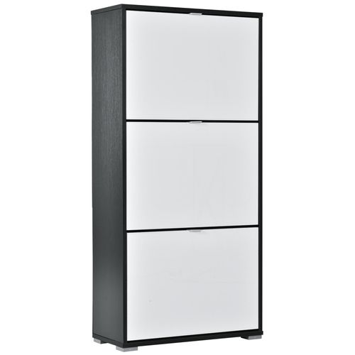 Meuble À Chaussures 3 Portes Abattantes 3 Compartiments Mdf Noir Blanc Laqué