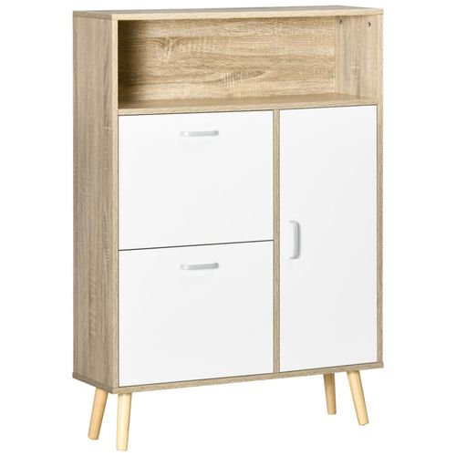Meuble À Chaussures Design Scandinave Placard 3 Portes 3 Étagères Niche Piètement Effilé Incliné Bois Panneaux Aspect Chêne Clair