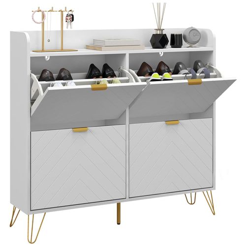 Meuble À Chaussures 4 Abattants Style Art Déco - Dim. 106l X 24l X 102h Cm - Acier Doré Mdf Blanc