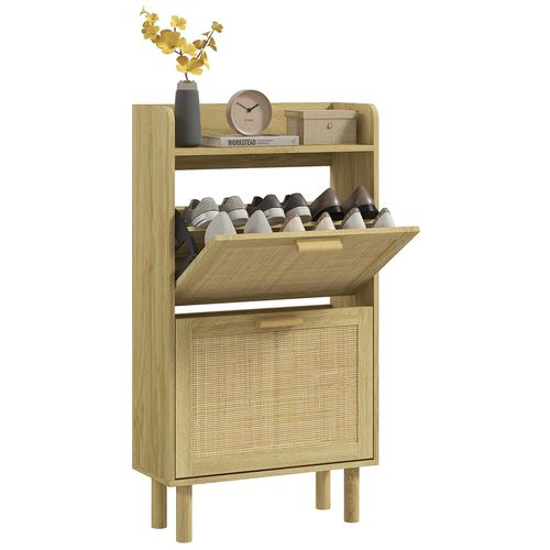 Meuble À Chaussures Style Bohème Chic - 2 Portes Abattantes, Étagère - Cannage Rotin Aspect Bois Clair