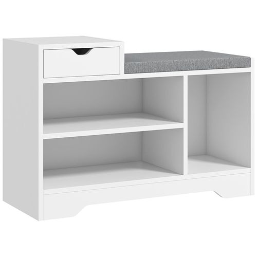 Meuble Chaussures Banc À Chaussures Tiroir 3 Niches Coussin Gris Inclus Panneaux Blanc