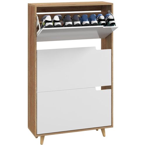 Meuble À Chaussures Design Scandinave - 3 Portes Abattantes - Panneaux Blanc Aspect Bois Naturel