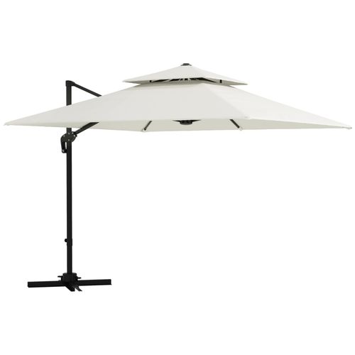 Parasol Déporté Carré Double Toit Inclinable Pivotant Manivelle Lestage Inclus Acier Polyester Écru