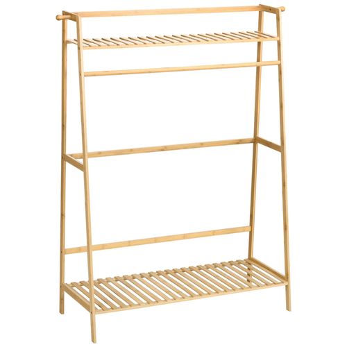 Portant À Vêtements Penderie - 2 Étagères, 2 Patères, Barre De Suspension - Bambou Verni