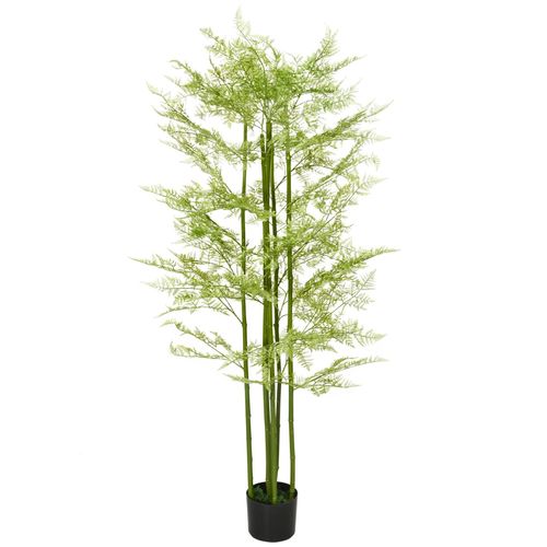 Plante artificielle aspect haute fougère H. 155 cm 28 feuilles denses réalistes pot inclus noir avec lichen vert