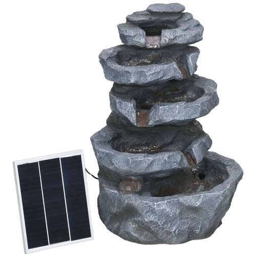 Fontaine De Jardin À Énergie Solaire - Fontaine Roche Cascade 5 Niv. Led Pompe Incluse - Résine Gris