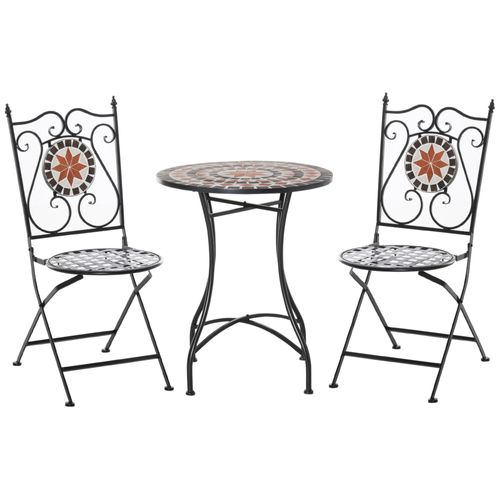 Ensemble Bistro 2 Places 3 Pièces Style Fer Forgé Mosaïque Céramique Motif Rose Des Vents Chaises Pliables Métal Époxy Noir