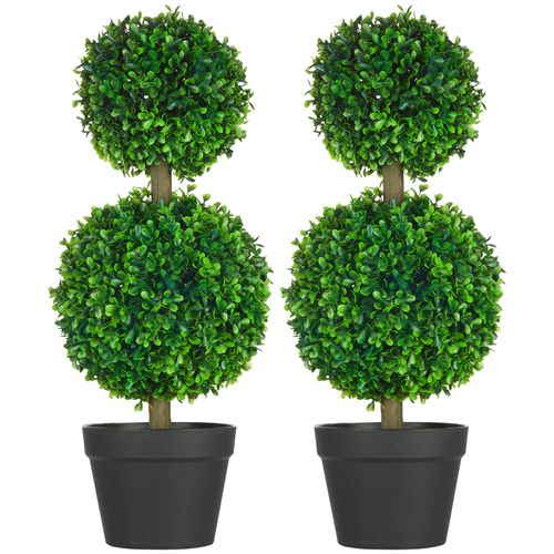 Lot de 2 arbres buis artificiel double boules avec tronc et pot inclus - H.60 cm PE vert