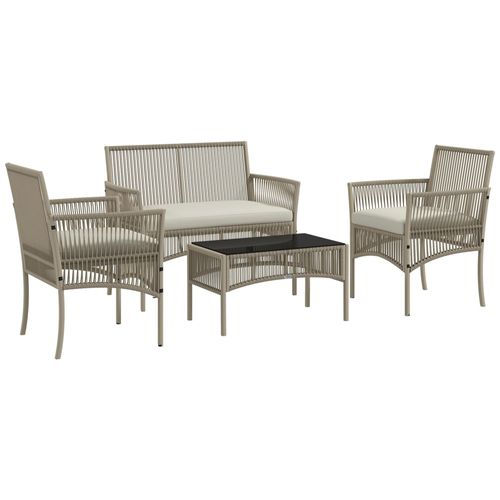Salon De Jardin 4 Places 4 Pièces Style Colonial Table Basse Coussins Inclus Résine Tressée Filée Aspect Rotin Taupe Clair
