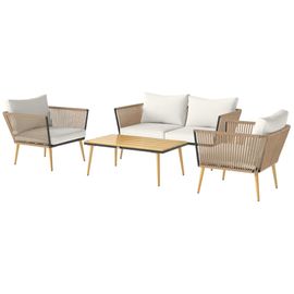 Salon De Jardin 4 Places 4 Pièces Design Scandinave Acier Époxy Résine Filaire Pe Coussins Inclus Crème
