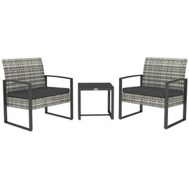 Salon De Jardin 2 Places 3 Pièces 2 Chaises Avec Coussins + Table Basse Plateau Verre Trempé Résine Tressée Aspect Rotin Gris