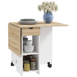 Table À Manger Pliable Extensible 4 Personnes - 2 Abattants, 2 Étagères, Tiroir, Roulettes - Blanc Aspect Chêne Clair
