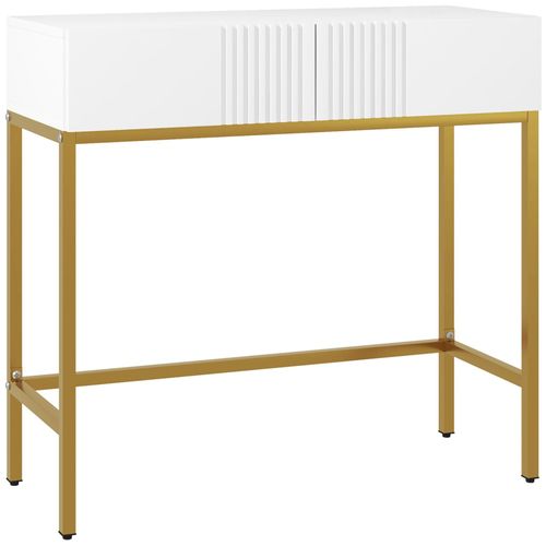 Console Style Art Déco - 2 Tiroirs - Piètement Acier Doré - Blanc