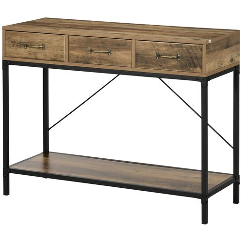 Console Style Industriel 3 Tiroirs Étagère Acier Noir Bois Vieilli