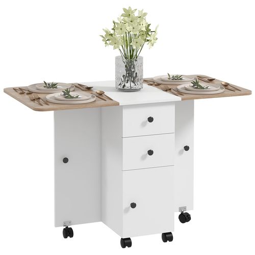 Table Pliable De Cuisine Salle À Manger - 2 Tiroirs, Placard, Niche - Panneaux Aspect Bois Chêne Blanc