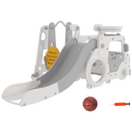 Portique Enfant Toboggan, Balançoire, Panier Basket-Ball, Échelle, Maisonnette, Franchissement - Aire De Jeux 6 En 1 - Intérieur Extérieur - Blanc Gris