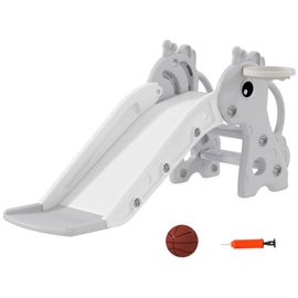 Toboggan Enfant Design Girafon - Panier De Basket-Ball Intégré - Ballon, Pompe Inclus - Plastique Gris Blanc