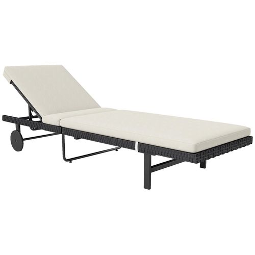 Bain De Soleil Transat Inclinable 2 Roues - Épais Matelas Intégré Blanc Cassé - Acier Résine Tressée Noir