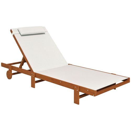 Bain De Soleil Style Exotique Bois Avec 2 Roues - Inclinable, Tétière - Textilène Blanc