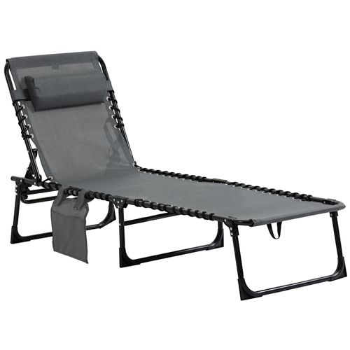 Bain De Soleil Transat Pliable Avec Poignée - Dossier Inclinable, Pochette, Tétière - Acier Lacets Élastiques Textilène Gris