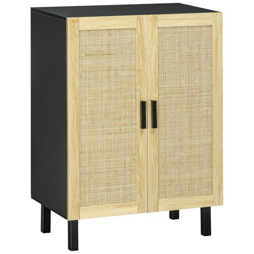 Buffet 2 Portes 2 Étagères Réglables Style Bohème Chic Cannage En Rotin Panneaux Aspect Bois Clair Noir