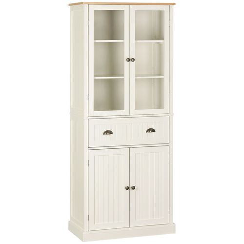 Buffet Haut 4 Portes Grand Tiroir Coulissant Panneaux Crème Verre