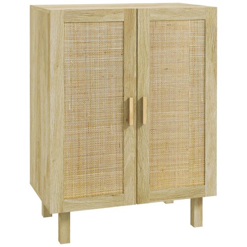 Buffet 2 Portes 2 Étagères Style Bohème Chic Cannage Rotin Bois Clair