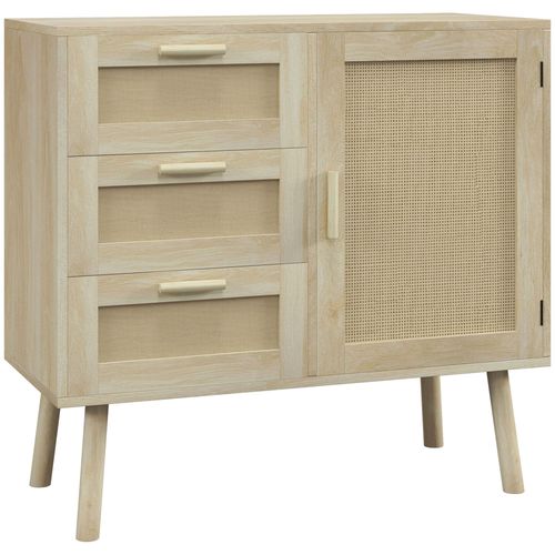 Buffet Bas 3 Tiroirs Porte Style Bohème Cannage Rotin Effet Bois Clair