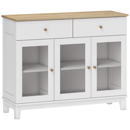 Buffet 3 Portes Vitrées Nervurées 2 Étagères 2 Tiroirs Poignées Métal Doré Blanc Effet Bois Clair