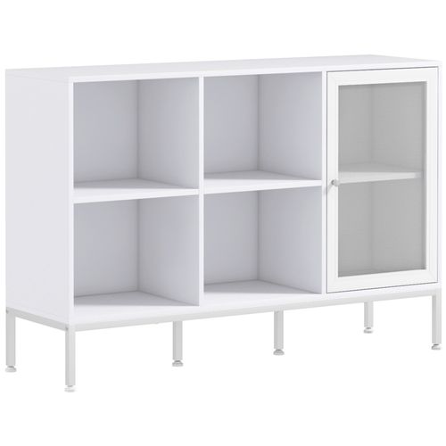 Buffet 4 Compartiments Porte Grillagée Avec Étagère Acier Bois Blanc