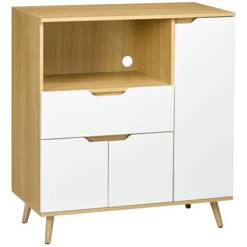 Buffet De Cuisine Style Scandinave - Meuble Micro-Ondes - 3 Portes, Étagère, Niche, Tiroir Coulissant - Dim. 90 X 40 X 98 Cm - Effet Bois Naturel Blanc