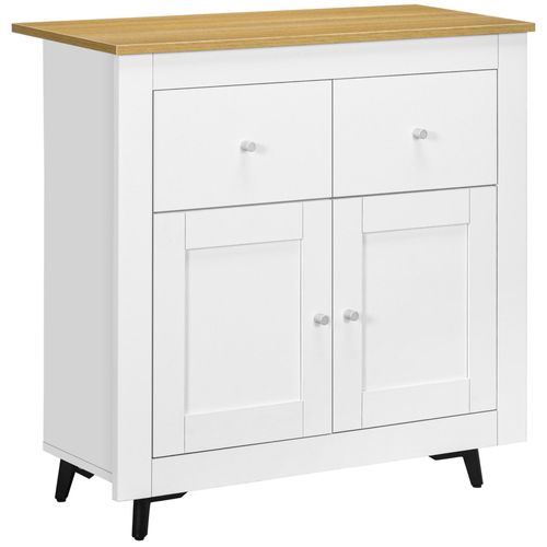 Buffet 2 Portes 2 Tiroirs - Dim. 78 X 35 X 80 Cm - Piètement Incliné Noir Blanc Effet Bois