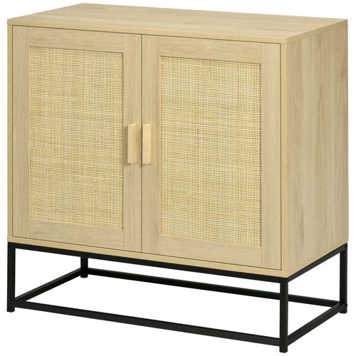 Buffet 2 Portes Cannage Rotin Acier Noir Aspect Chêne Clair