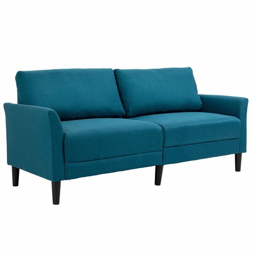 Canapé 2 Places Contemporain Accoudoirs Courbés Bois Tissu Bleu Canard