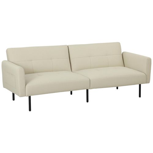 Canapé Convertible 3 Places Dossier Réglable Poches Latérales Tissu Touffeté Beige