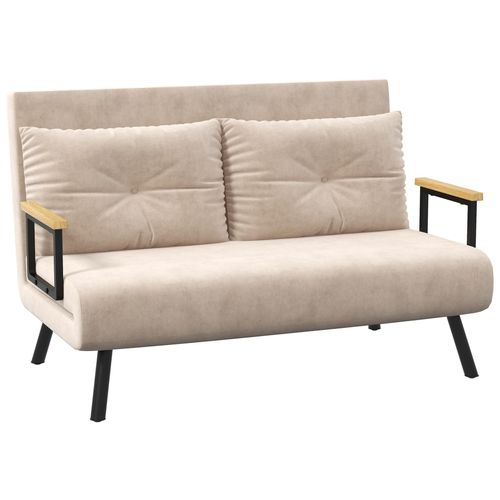 Canapé Convertible 2 Places Canapé-Lit Dossier Réglable 5 Niv. 2 Coussins Revêtement Effet Velours Beige