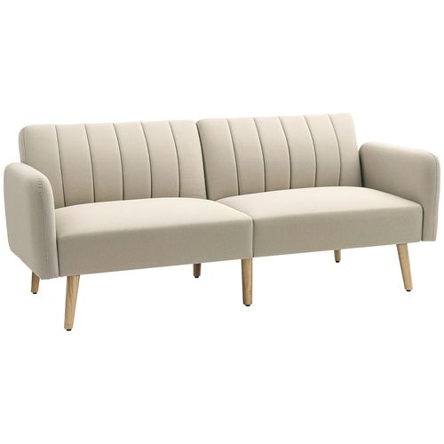 Canapé Convertible 2 Places Design Scandinave Dossier Inclinable 3 Positions Pieds Bois Tissu Aspect Lin Beige