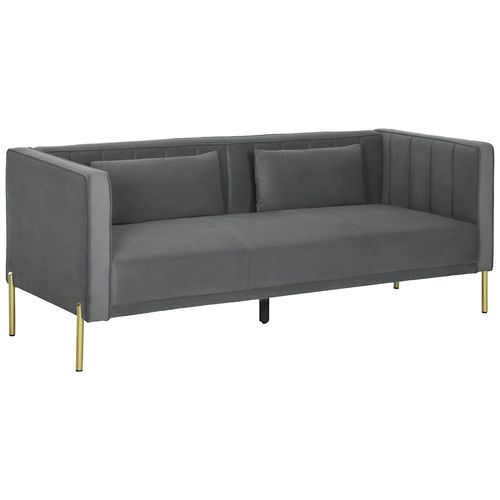 Canapé 3 Places Design Contemporain - 2 Coussins Inclus - Piètement Circulaire Métal Doré Velours Gris