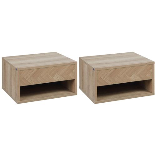 Lot De 2 Chevets Tables De Nuit Murales - Tiroir Coulissant, Niche, Plateau - Dim. 37l X 32l X 21h Cm - Panneaux Aspect Chêne Clair