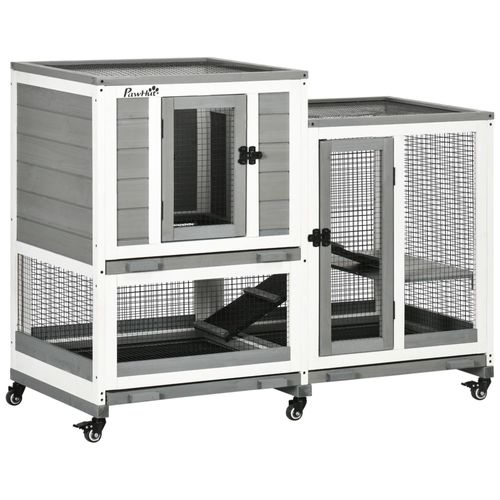 Clapier À Lapin Sur Roulettes Cage À Lapin 3 Niveaux 2 Portes Verrouillables 3 Plateaux Coulissants Rampes Bois Sapin Acier Gris Blanc
