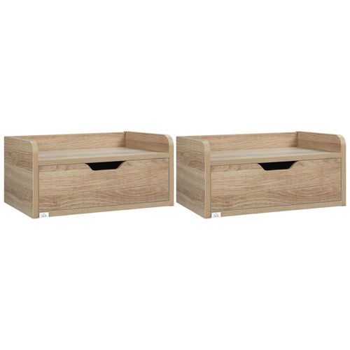 Lot De 2 Chevets Tables De Nuit Murales - Tiroir Coulissant, Plateau - Dim. 40l X 30l X 19h Cm - Panneaux Aspect Chêne Clair