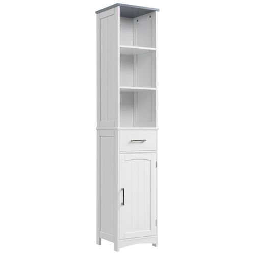 Meuble Colonne Salle De Bain - 3 Niches, Placard Porte Étagère, Tiroir - Mdf Blanc Gris