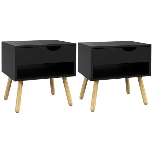 Lot De 2 Tables De Chevet Design Scandinave - Tiroir, Niche - Piètement Bois Pin - Noir