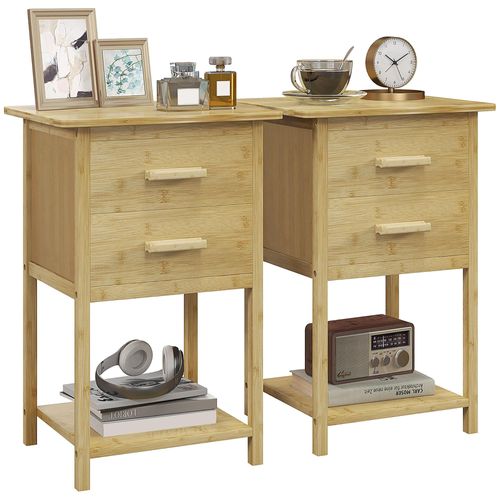 Lot De 2 Chevets Tables De Nuit Style Naturel - 2 Tiroirs, Étagère - Bois De Bambou Verni