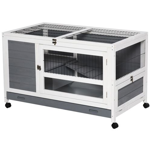 Clapier À Lapin Sur Roulettes Cage À Lapin 2 Niv. 2 Portes Verrouillables Toit Ouvrant Plateau Coulissant Rampe Bois Gris Blanc