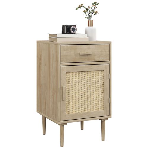 Chevet Table De Nuit Style Naturel - Porte, Étagère, Tiroir - Cannage Rotin Aspect Bois Clair